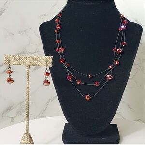MULTI-STRAND Gunmetal Chain Faceted Beads Necklace & Earrings Set